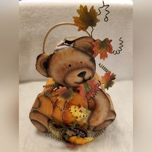 Fall Harvest Pumpkin Bear Tin Metal Candle Holder Luminary with Handel